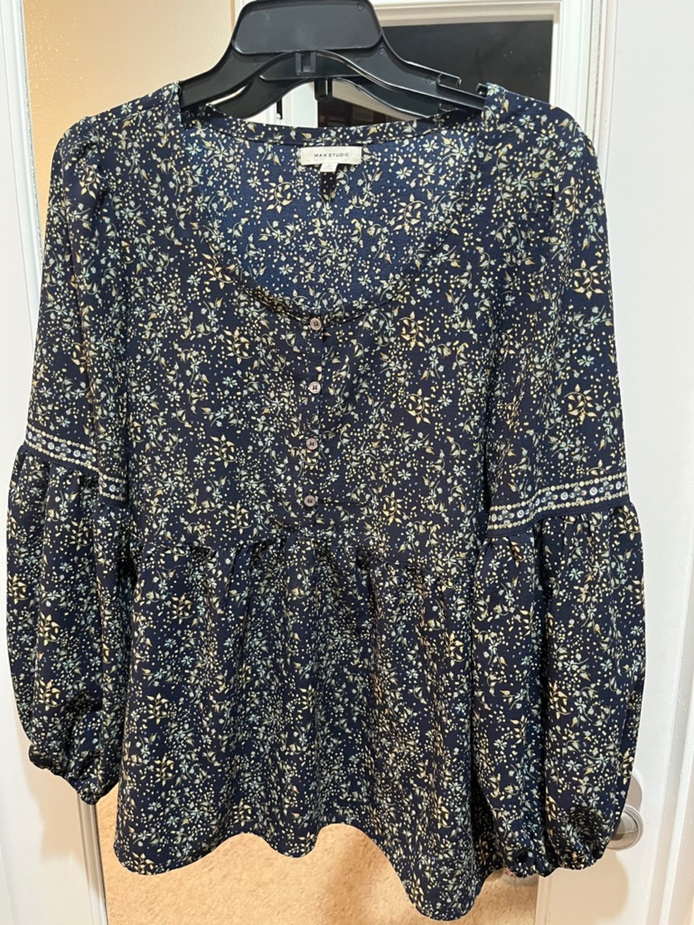 Max Studio Navy Floral Button-Front Peasant Blouse Long Sleeve Size L